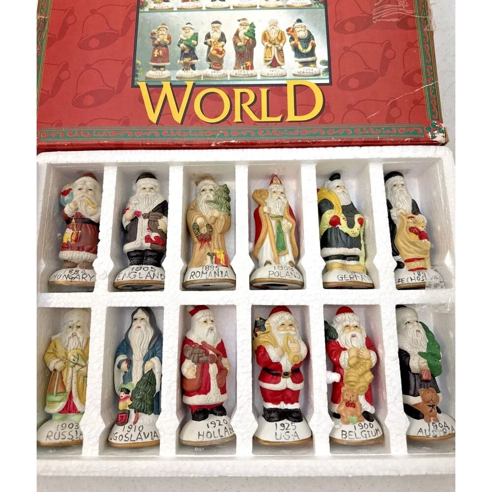 Vintage Set Of Santas From Around the World Porcelain  Handpainted 12 Set w/ Box